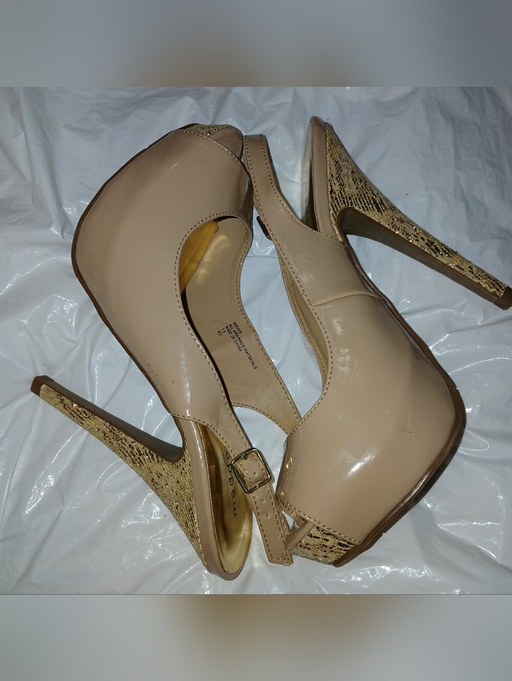 Pre-loved Nude Patent Peep-Toe Slingback Heels with Metallic Gold Patterned Heel